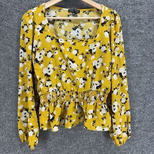 MoaMoa Blouse Women M Medium Yellow Floral Long Sleeve Elastic Waist Square Neck